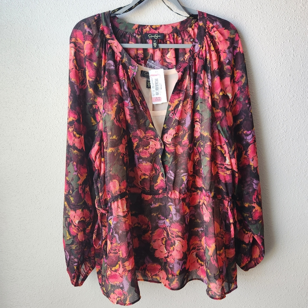 JESSICA SIMPSON  Long Sleeve Layered Sheer Floral  Drawstring Waist Chic Blouse